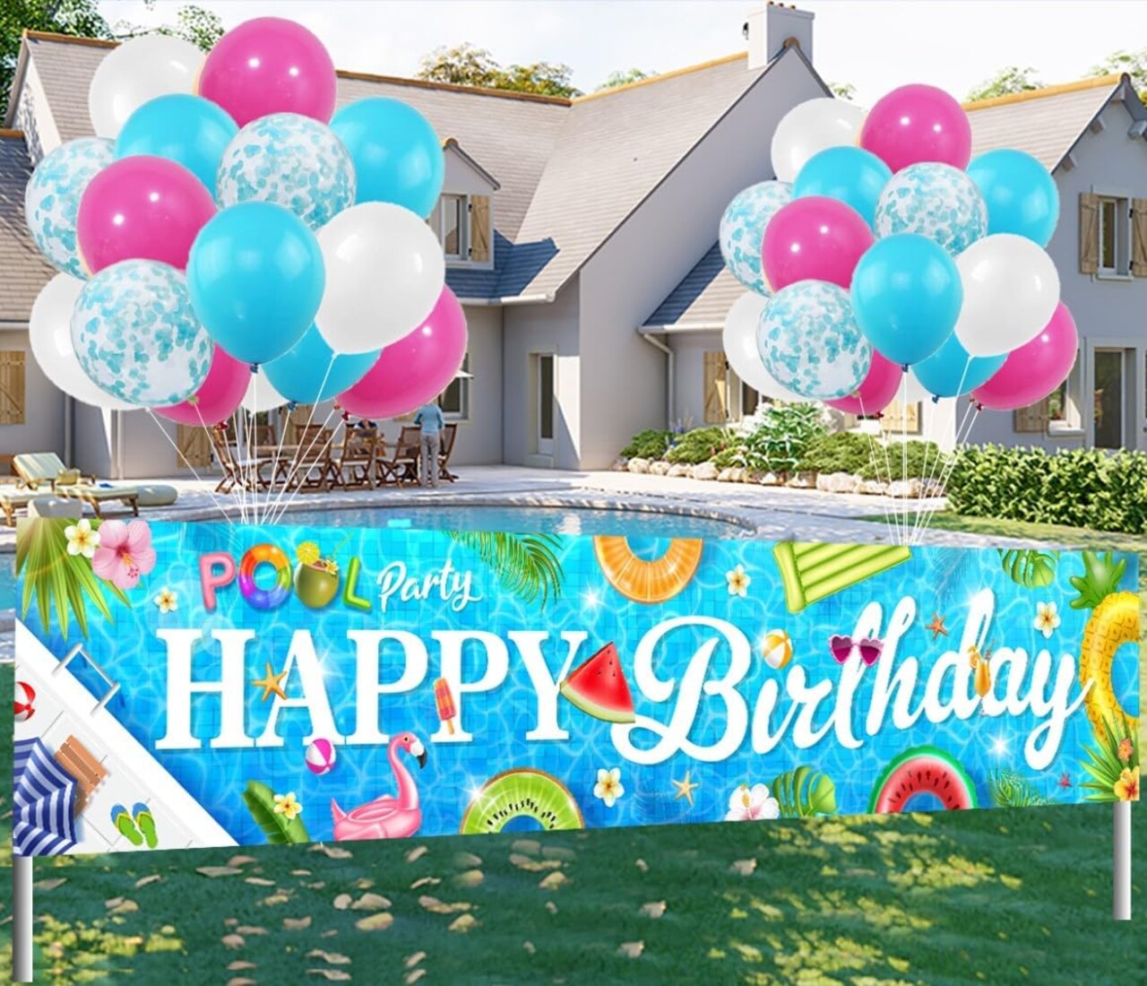 9.8×1.9ft Happy Birthday Pool Party Banner & 30 Balloons | Colorful Summer Hawaiian Backdrop for Outdoor Yard Decor, Baby Shower & Birthday Supplies
